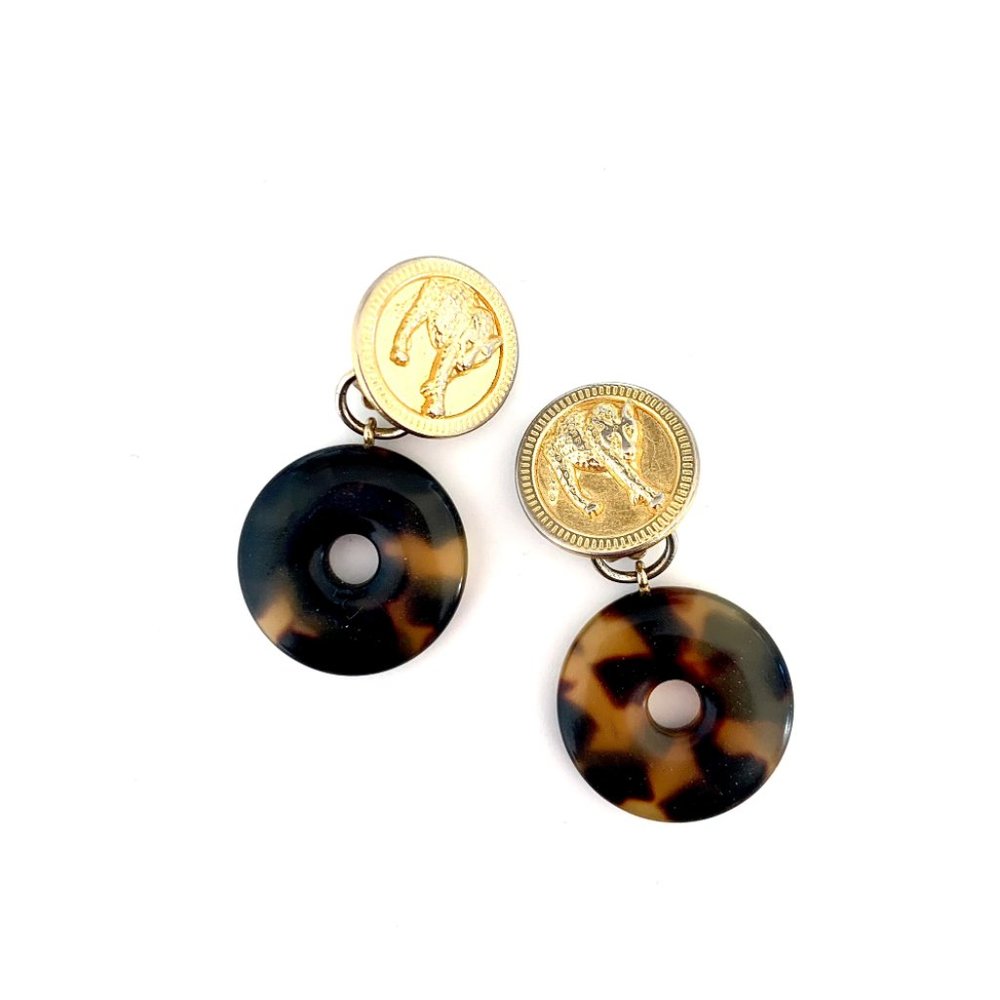 Vintage 1990s Gold Tone Tortoise Shell Gold Coin Leopard Door Knocker Earrings